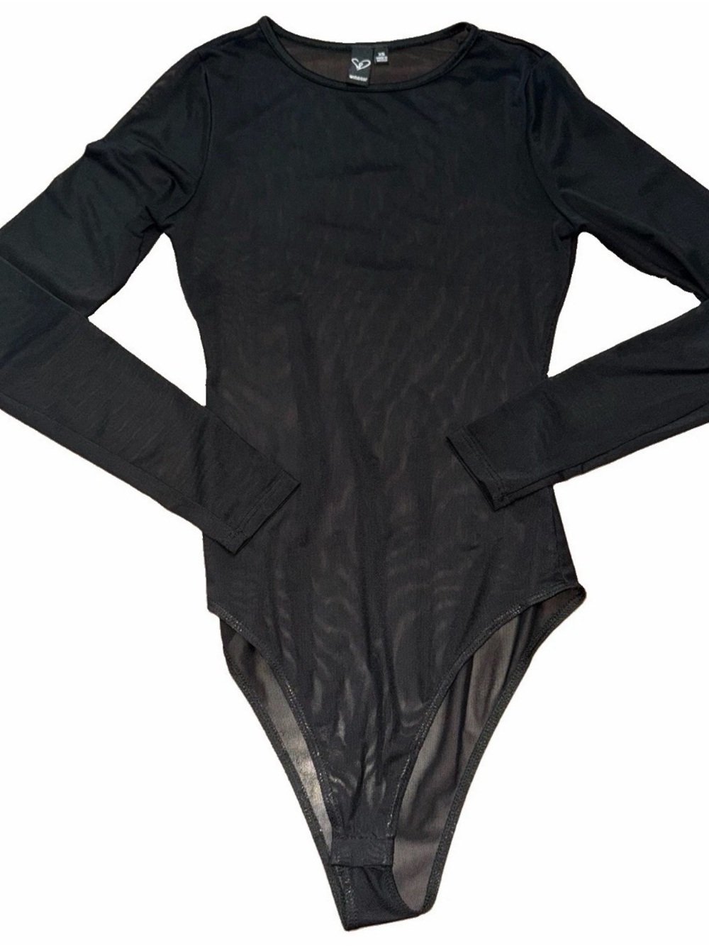WINDSOR XS Black Sheer Mesh Long Sleeve Crew Neck Bodysuit Y2K Festival Goth